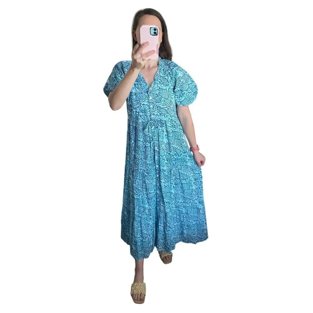 Banjanan Poppy Midi Dress Shell Aqua Puff Sleeve Cotton Button Tuckernuck - Picture 13 of 13